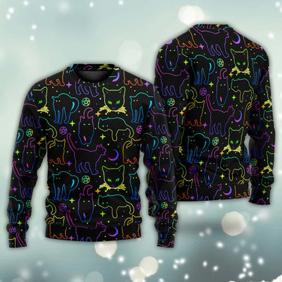 Cat Neon Colorful Playing With Kitten Magical - Sweater - Ugly Christmas Sweaters - Owls Matrix LTD
