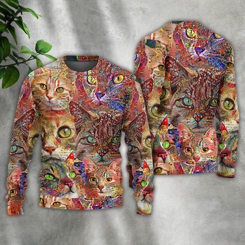 Cat Art Lover Cat Colorful - Sweater - Ugly Christmas Sweaters - Owls Matrix LTD