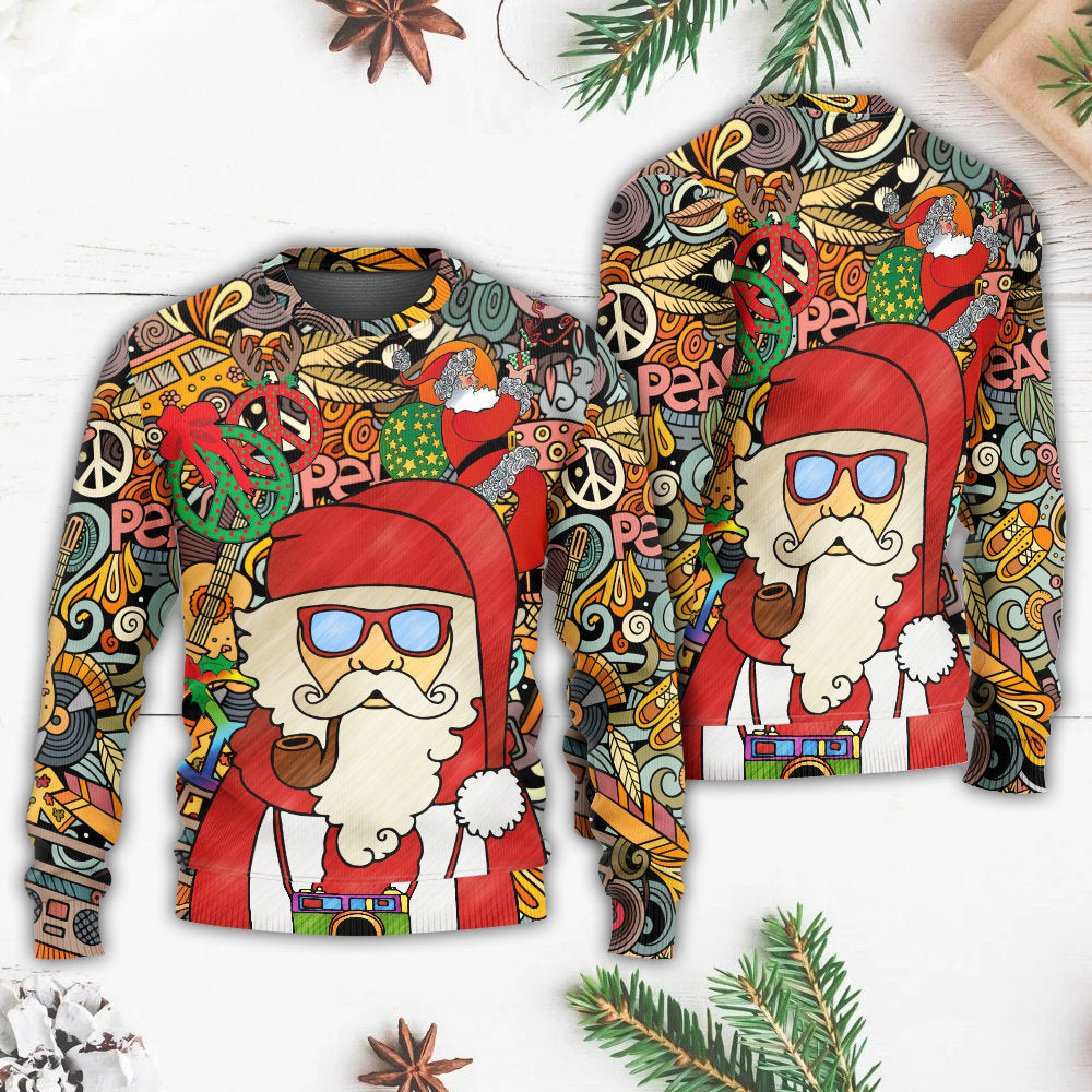 Christmas Hippie Santa Claus Love & Peace Cartoon Style - Sweater - Ugly Christmas Sweaters - Owls Matrix LTD