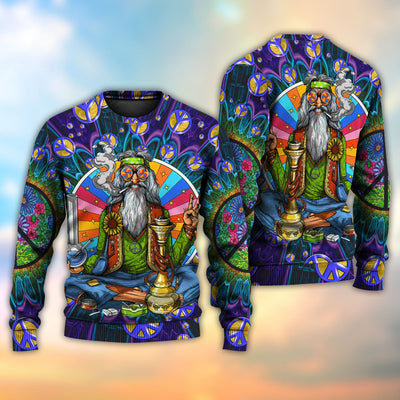 Hippie Peace Sign Old Man Smoking Weed - Sweater - Ugly Christmas Sweaters - Owls Matrix LTD