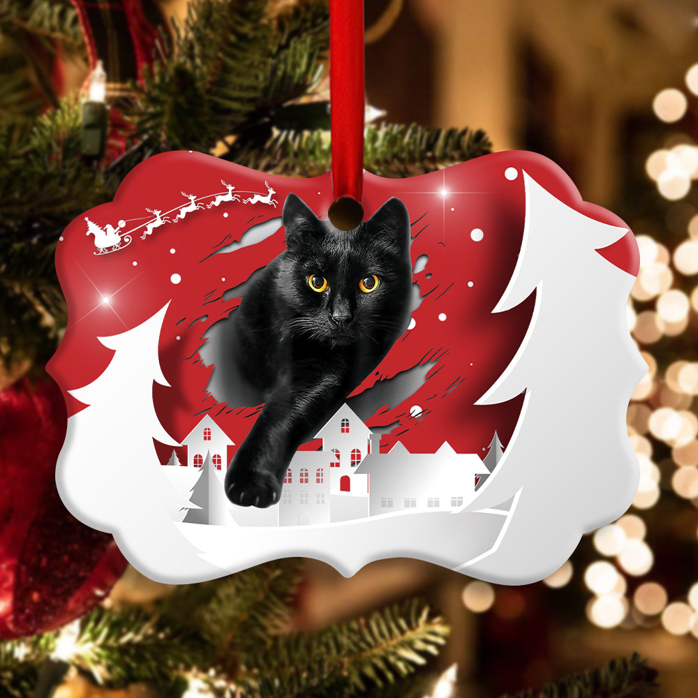 Christmas Black Cat Love Xmas Paper Cut Decor Tree Hanging - Horizontal Ornament - Owls Matrix LTD