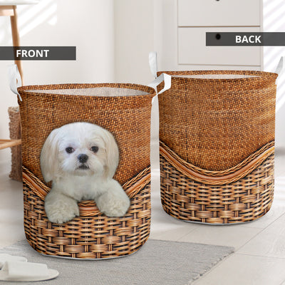 All White Shih Tzu Dog Rattan Teaxture - Laundry Basket - Owls Matrix LTD