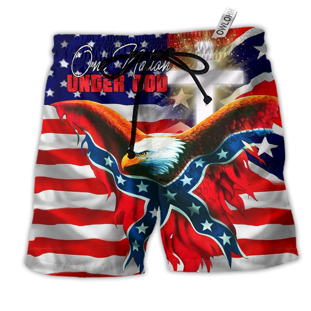 Beach Short / Adults / S America One Nation Under God Patriotism With Flag - Beach Short - Owls Matrix LTD