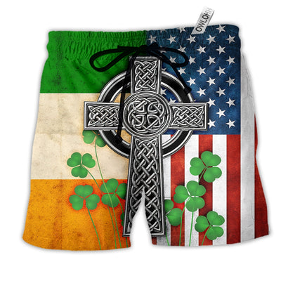 Beach Short / Adults / S American Flag Celtic Cross Irish Saint Patrick's Day All Over - Beach Short - Owls Matrix LTD