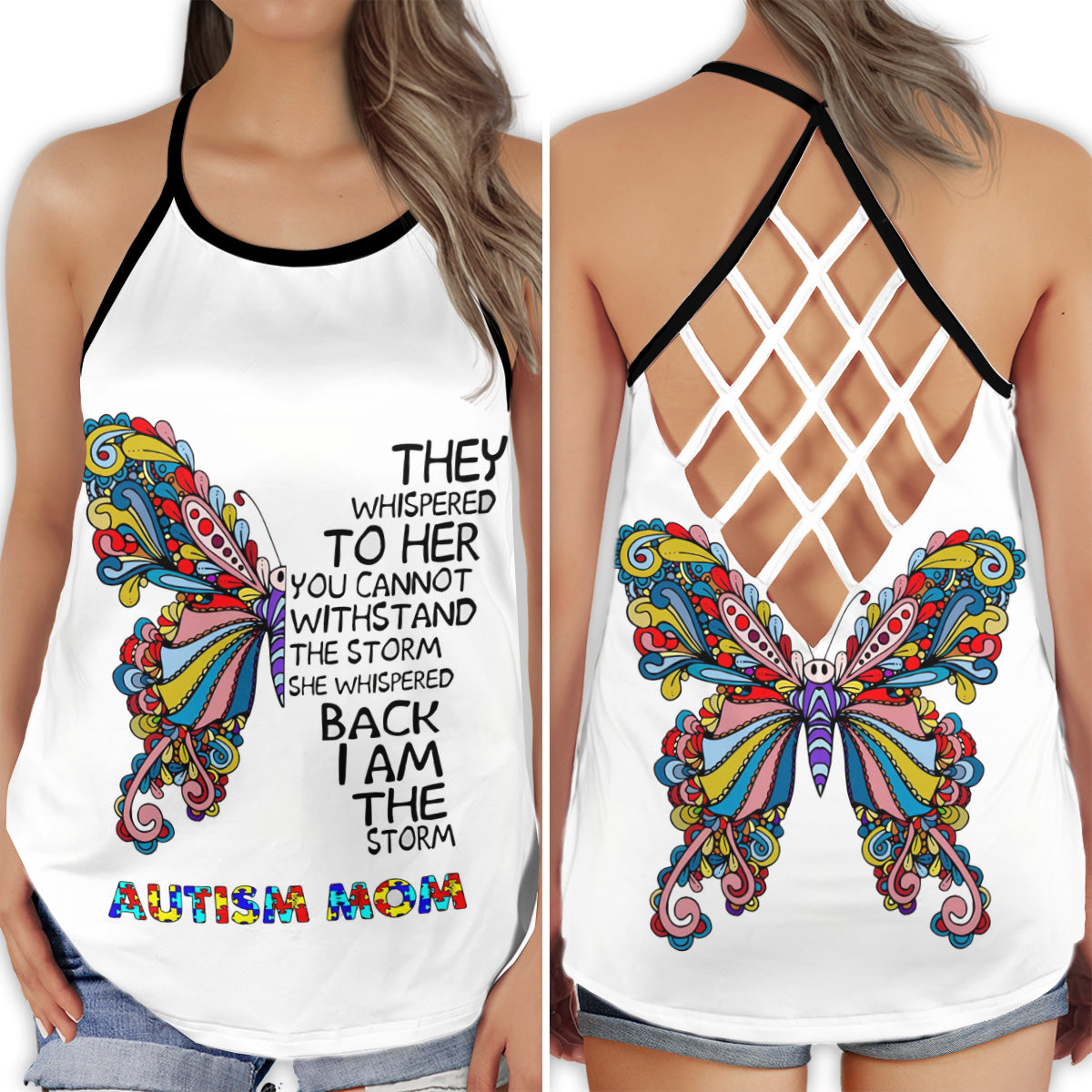 S Autism Love Butterfly The Storm - Cross Open Back Tank Top - Owls Matrix LTD