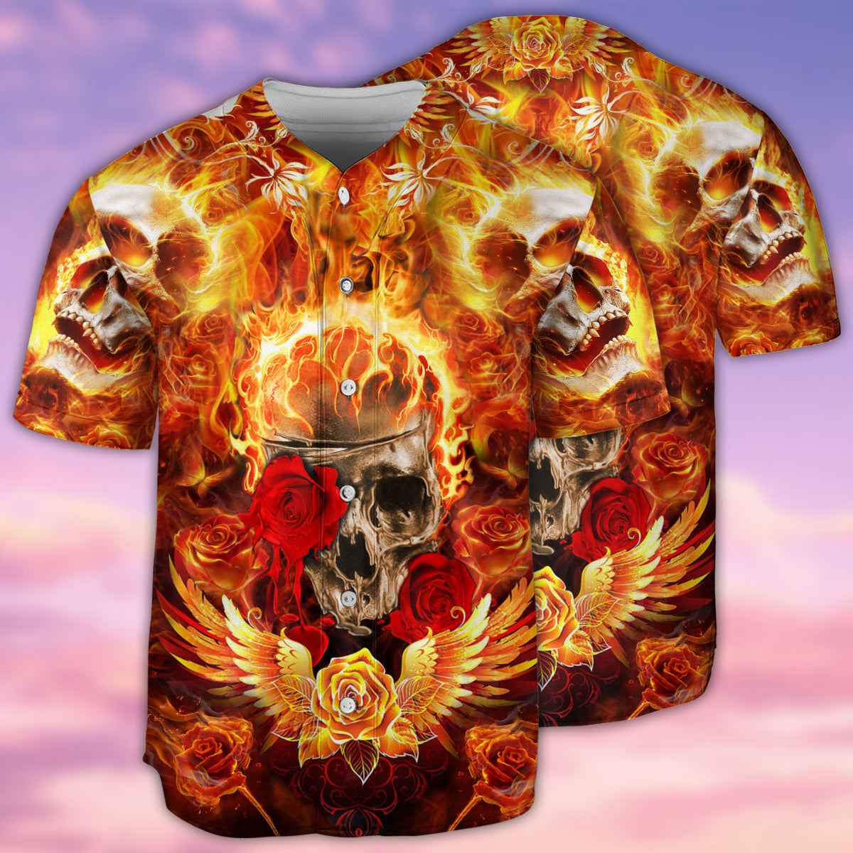 Skull Flaming Rose - Baseball Jersey - Owls Matrix LTD