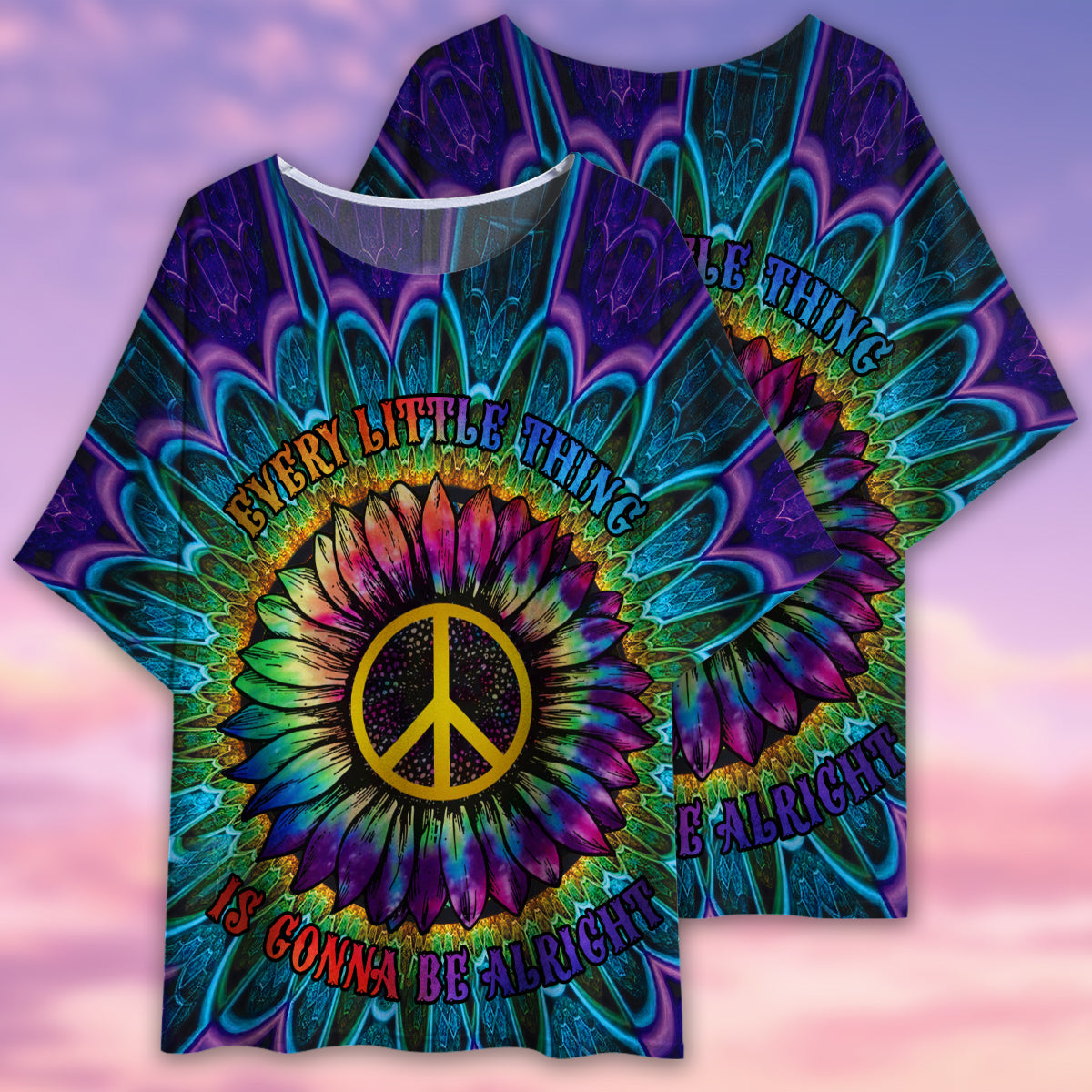 Hippie Sunflower Everything Peaceful - Women's T-shirt With Bat Sleeve - Owls Matrix LTD