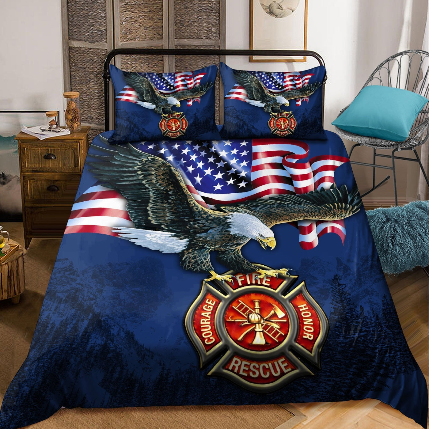 Firefighter Love Eagle America - Bedding Cover - Owls Matrix LTD