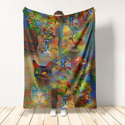 Cat Beautiful Colorfull Painting - Flannel Blanket - Owls Matrix LTD