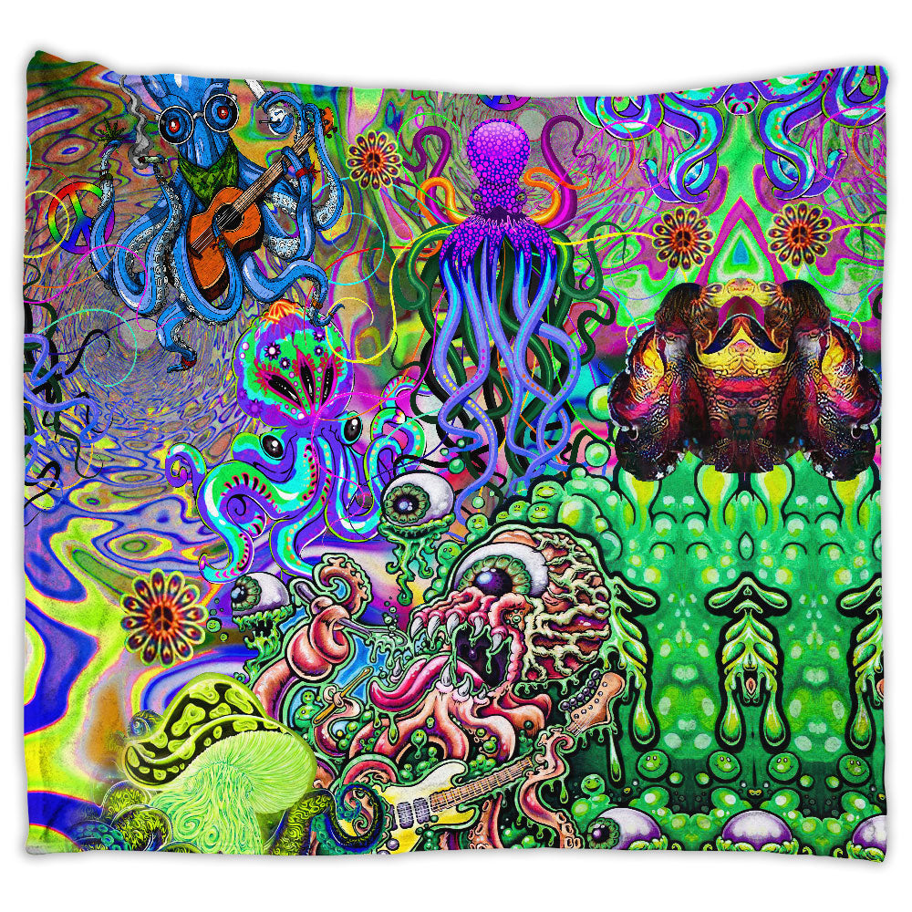 50" x 60" Hippie Funny Octopus Love Music Colorful Ocean - Flannel Blanket - Owls Matrix LTD