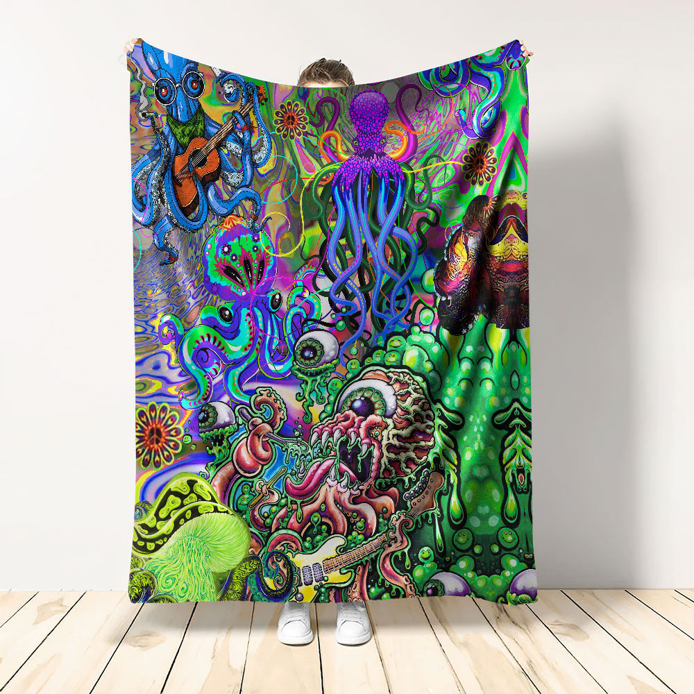 Hippie Funny Octopus Love Music Colorful Ocean - Flannel Blanket - Owls Matrix LTD