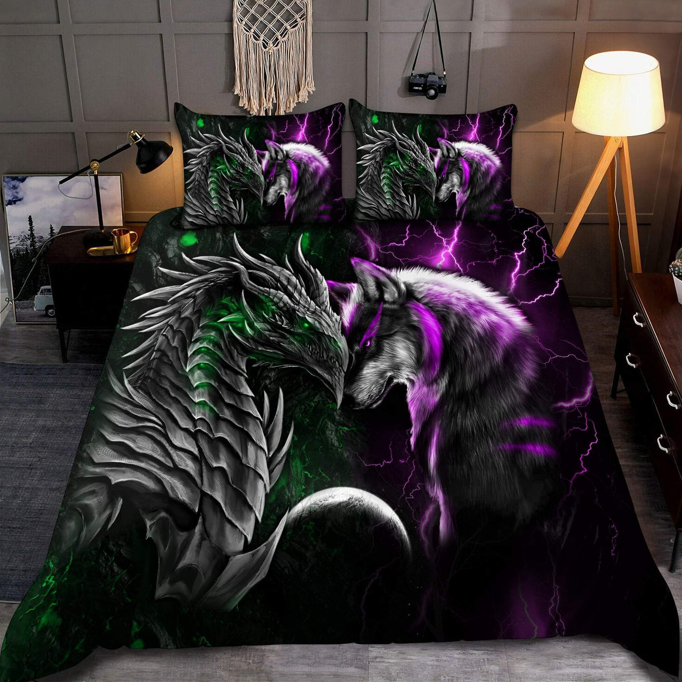 Dragon And Wolf Green Mix Purple - Bedding Cover - Owls Matrix LTD