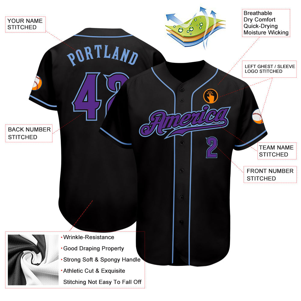 Custom Black Purple-Light Blue Authentic Baseball Jersey - Owls Matrix LTD