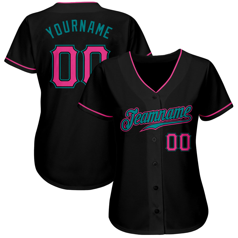 Custom Black Pink-Aqua Authentic Baseball Jersey