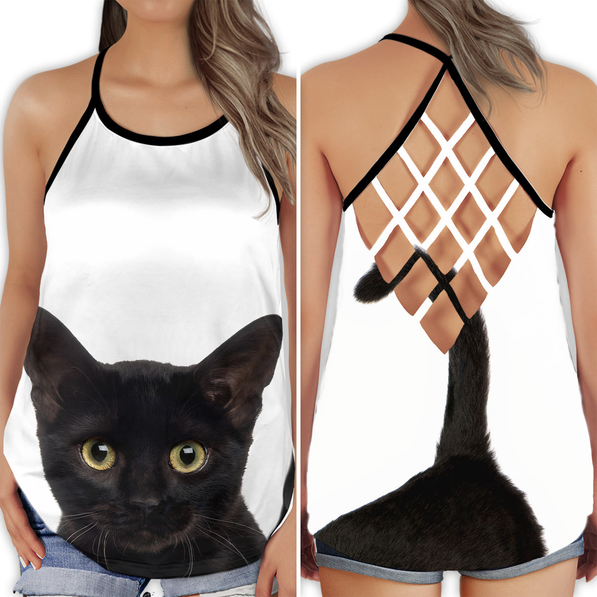 S Black Cat White Amazing Style - Cross Open Back Tank Top - Owls Matrix LTD