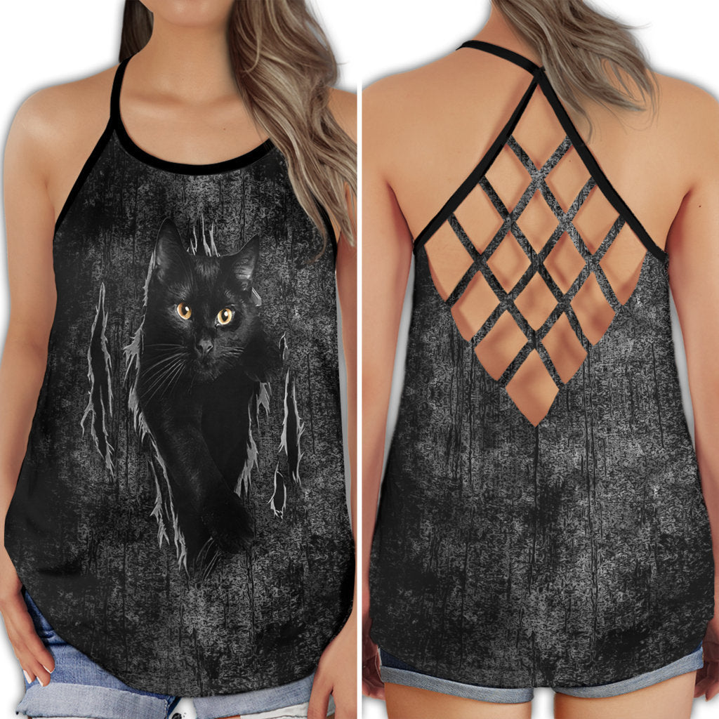 S Black Cat Amazing Style In Night - Cross Open Back Tank Top - Owls Matrix LTD