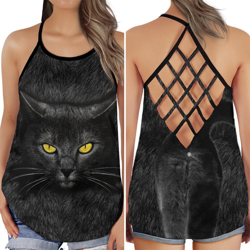 S Black Cat Cool Style - Cross Open Back Tank Top - Owls Matrix LTD