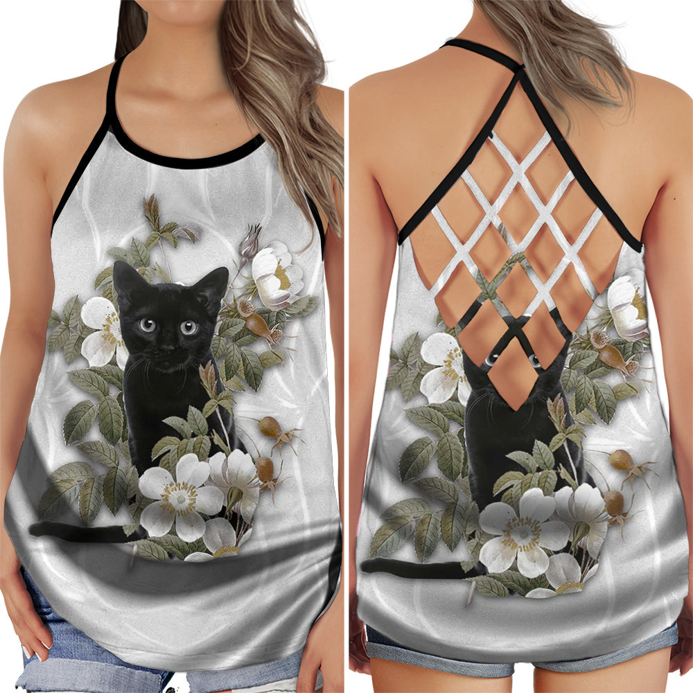 S Black Cat In White Flower Love Peaceful Summer - Cross Open Back Tank Top - Owls Matrix LTD