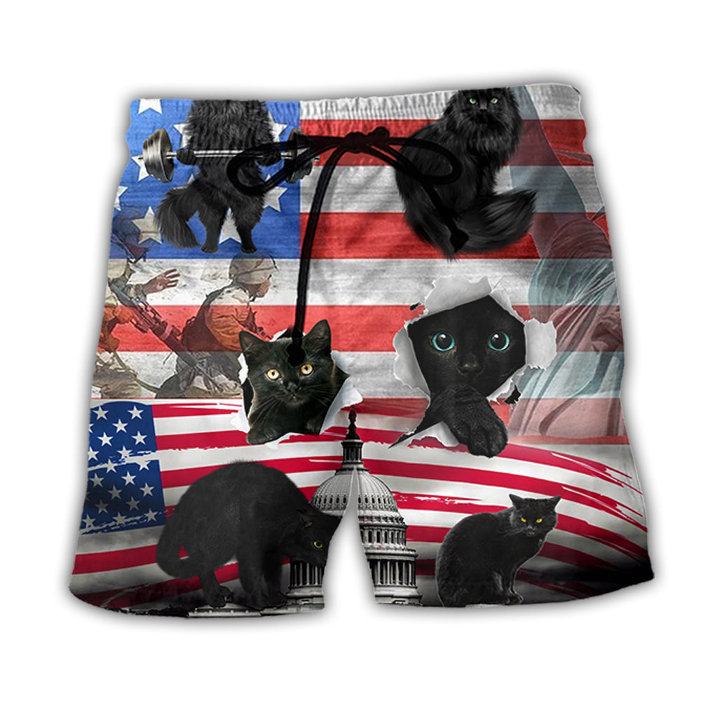 Beach Short / Adults / S Black Cat Independence Day America - Beach Short - Owls Matrix LTD