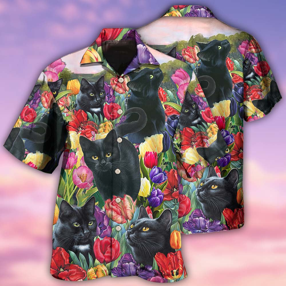 Black Cat Love Flowers Colorfull - Hawaiian Shirt - Owls Matrix LTD