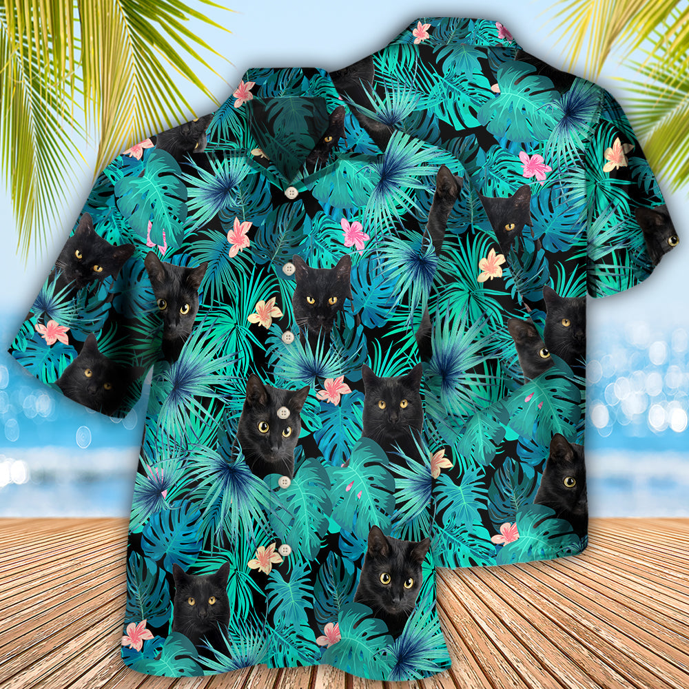 Black Cat Lover Tropical Leaf - Hawaiian Shirt - Owls Matrix LTD