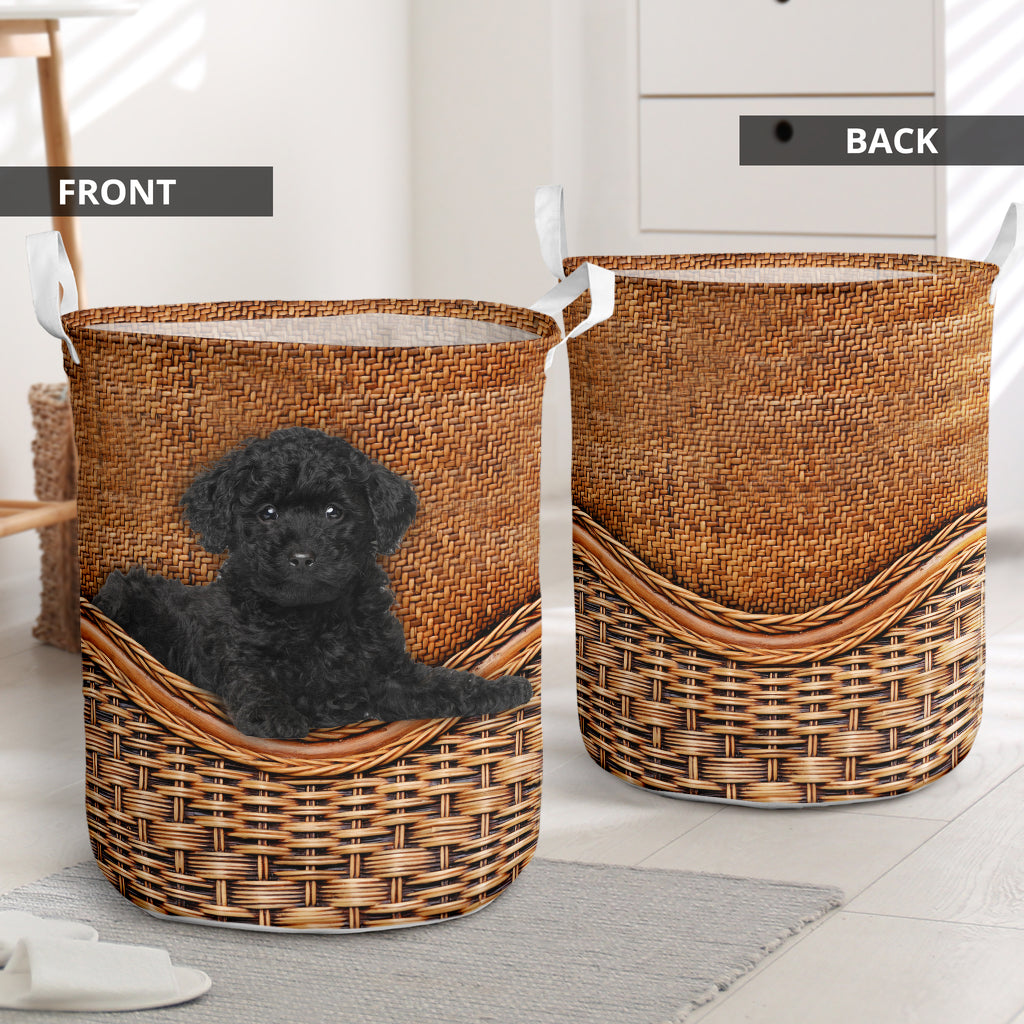 Black Toy Poodle Dog Rattan Teaxture - Laundry Basket - Owls Matrix LTD
