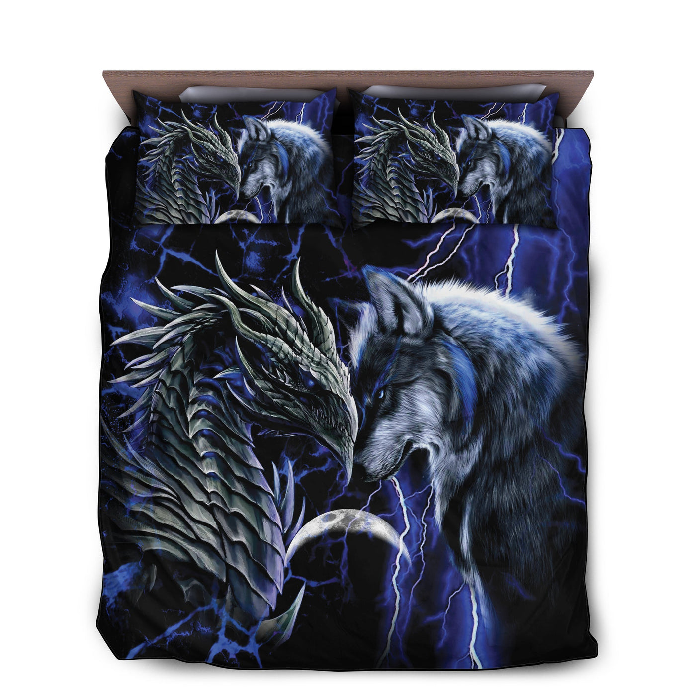 US / Twin (68" x 86") Dragon And Wolf Blue Style - Bedding Cover - Owls Matrix LTD