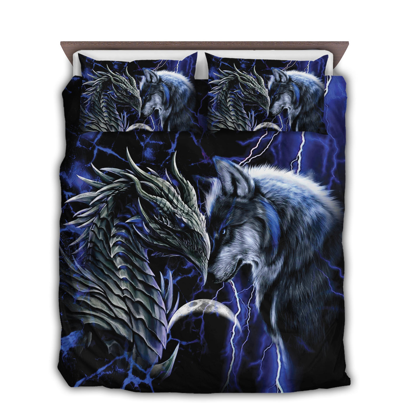 US / Twin (68" x 86") Dragon And Wolf Amazing Blue - Bedding Cover - Owls Matrix LTD