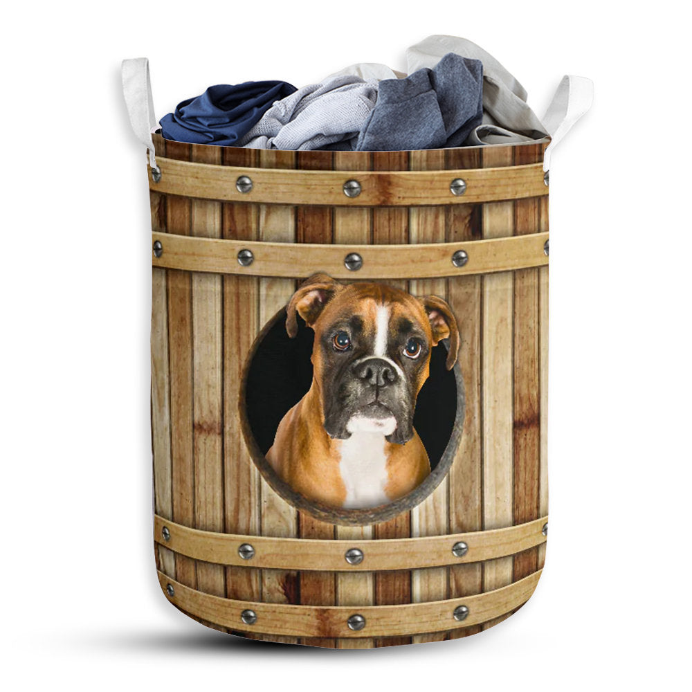 S: 17.72”x13.78” (45x35 cm) Boxer Dog Wooden Barrel - Laundry Basket - Owls Matrix LTD