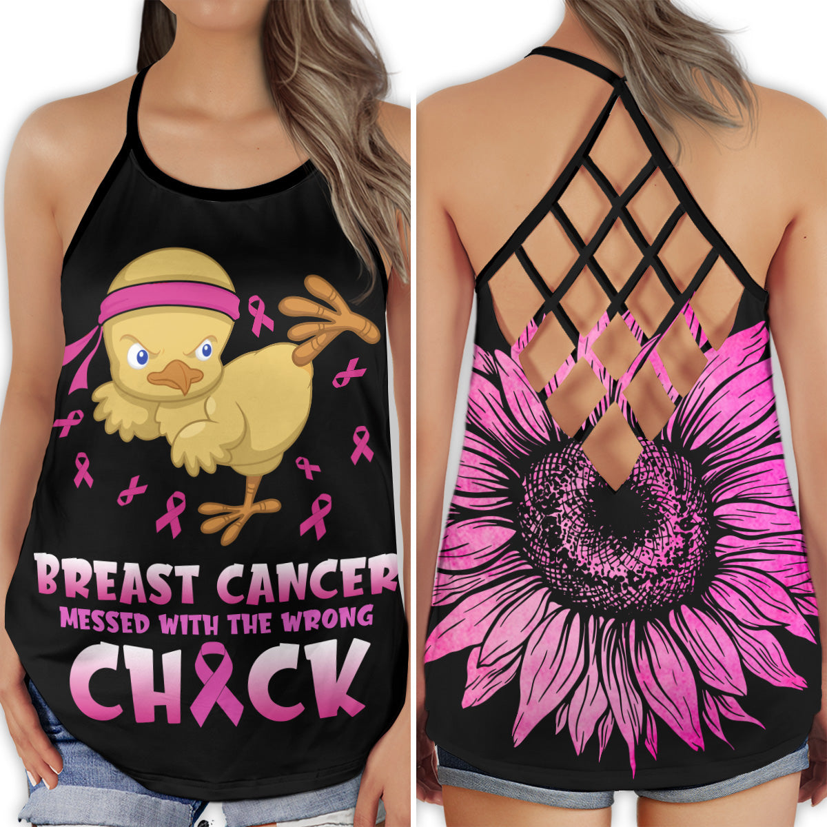 S Breast Cancer Awareness Chick - Cross Open Back Tank Top - Owls Matrix LTD