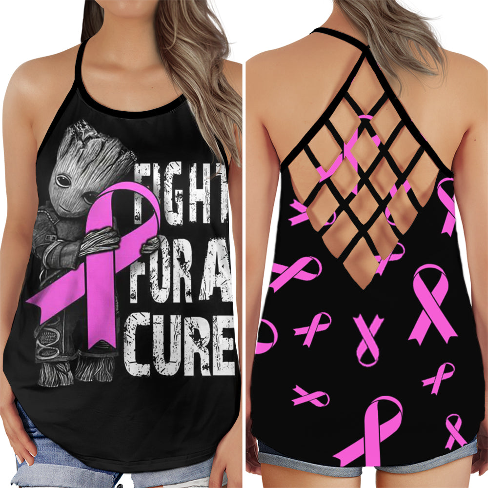 S Breast Cancer Awareness Fight For A Cure - Cross Open Back Tank Top - Owls Matrix LTD