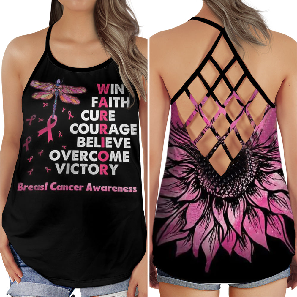 S Breast Cancer Awareness Summer: Win Faith Cure Courage - Cross Open Back Tank Top - Owls Matrix LTD