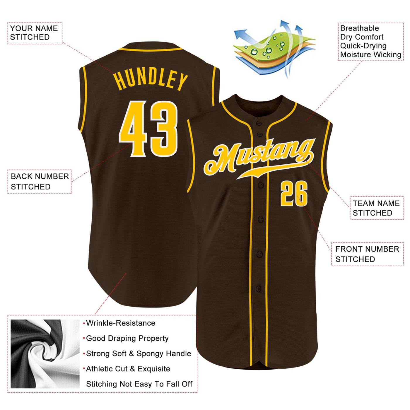 Custom Brown Gold-White Authentic Sleeveless Baseball Jersey