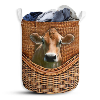 S: 17.72”x13.78” (45x35 cm) Cow Lover Brown Swiss Cow Rattan Teaxture - Laundry basket - Owls Matrix LTD