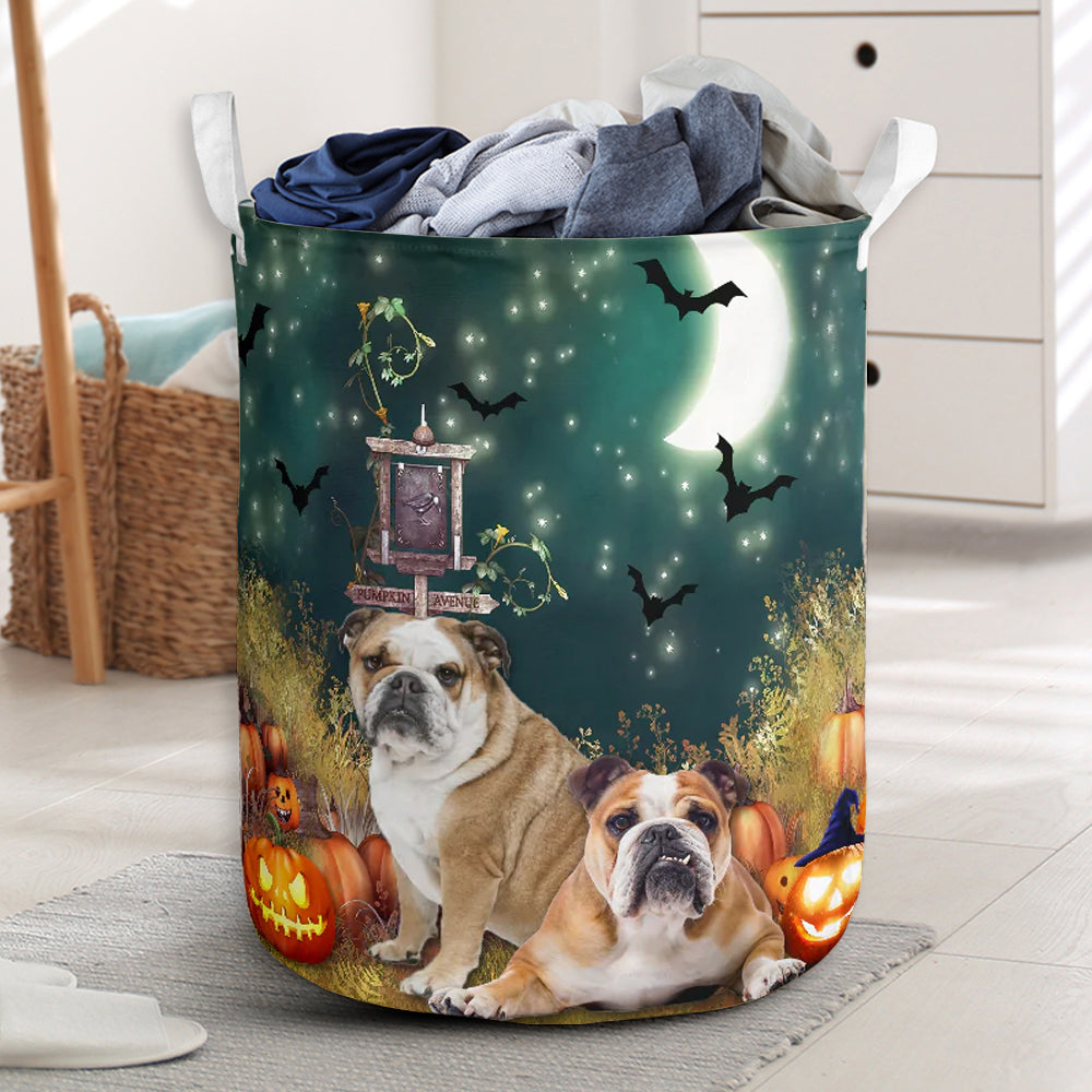 Bulldog Halloween Night Pumpkin - Laundry Basket - Owls Matrix LTD