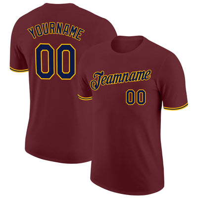 Custom Burgundy Navy-Gold Performance T-Shirt