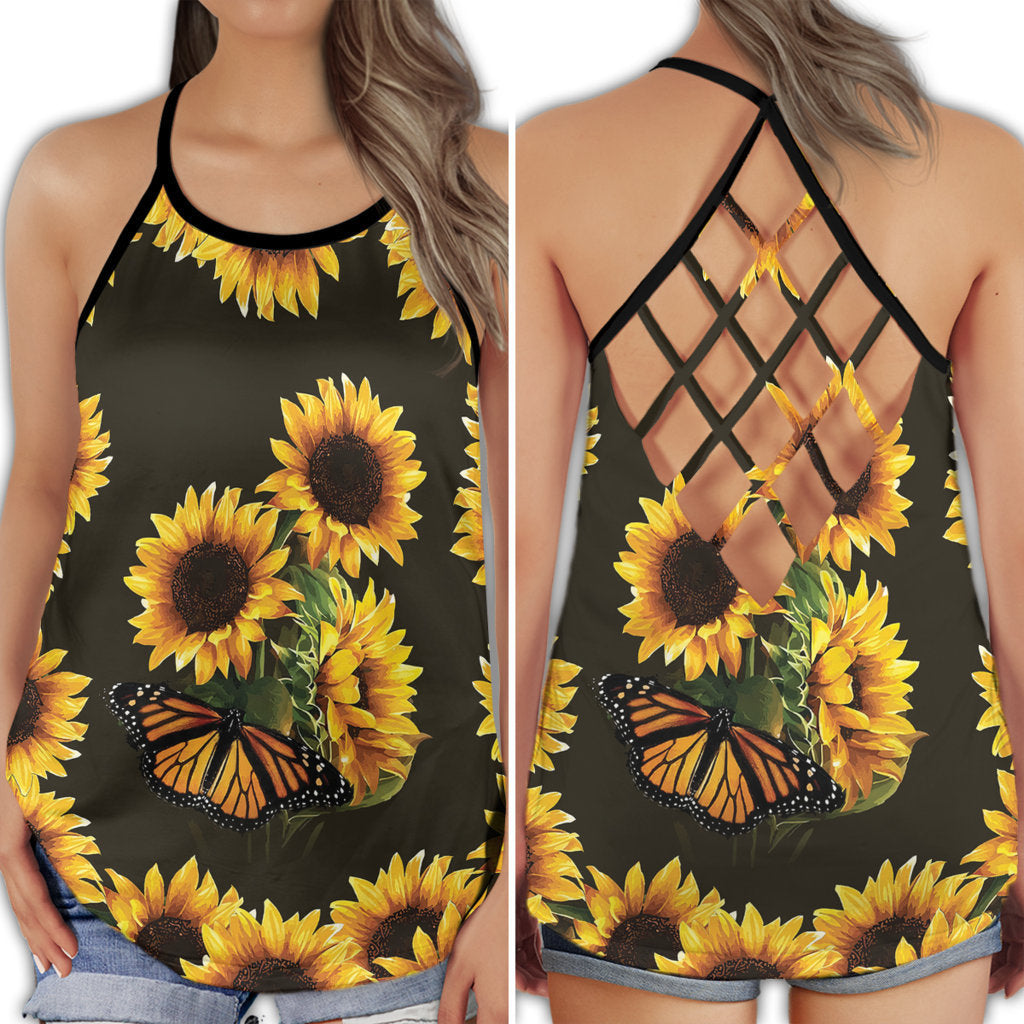 S Sunflower Butterfly Beautiful Everyday - Cross Open Back Tank Top - Owls Matrix LTD