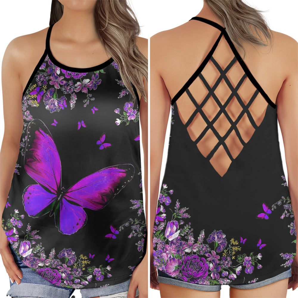 S Butterfly Beautiful Purple Everyday In The Night - Cross Open Back Tank Top - Owls Matrix LTD