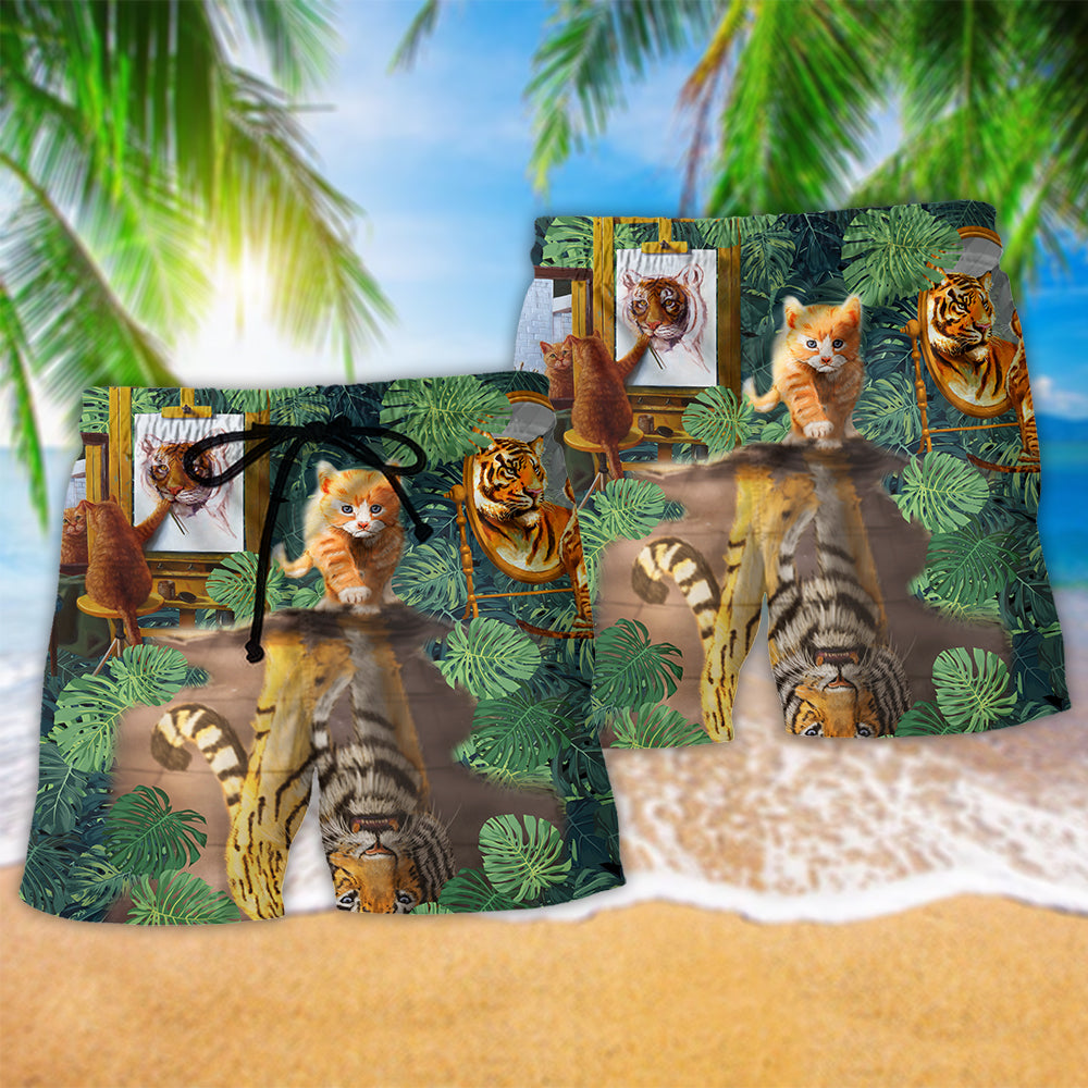 Cat And Tiger Tropical Leaves - Beach Short - Owls Matrix LTD