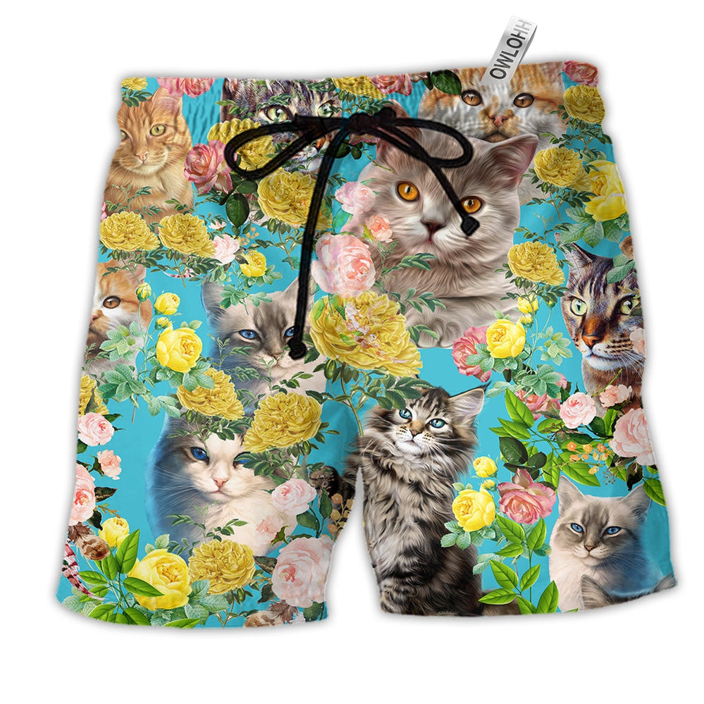 Beach Short / Adults / S Cat Cute Kitten With Flowers - Beach Short - Owls Matrix LTD