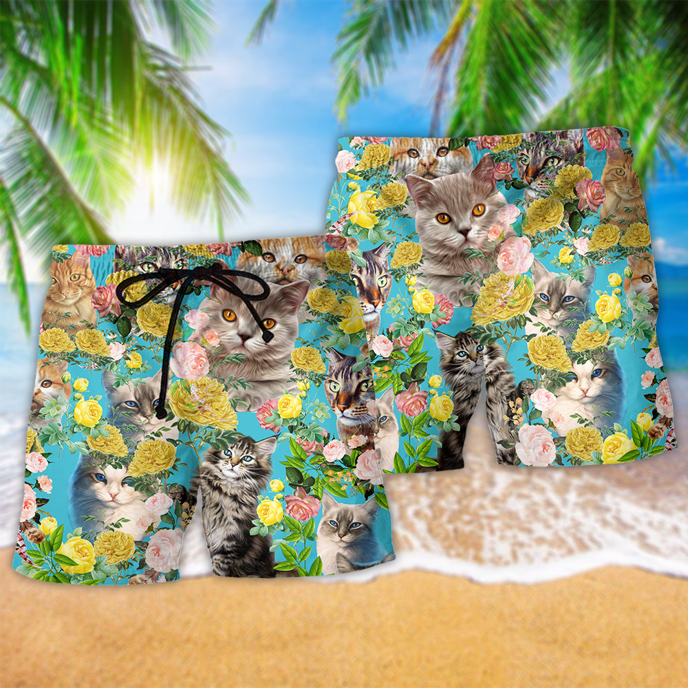 Cat Cute Kitten With Flowers - Beach Short - Owls Matrix LTD