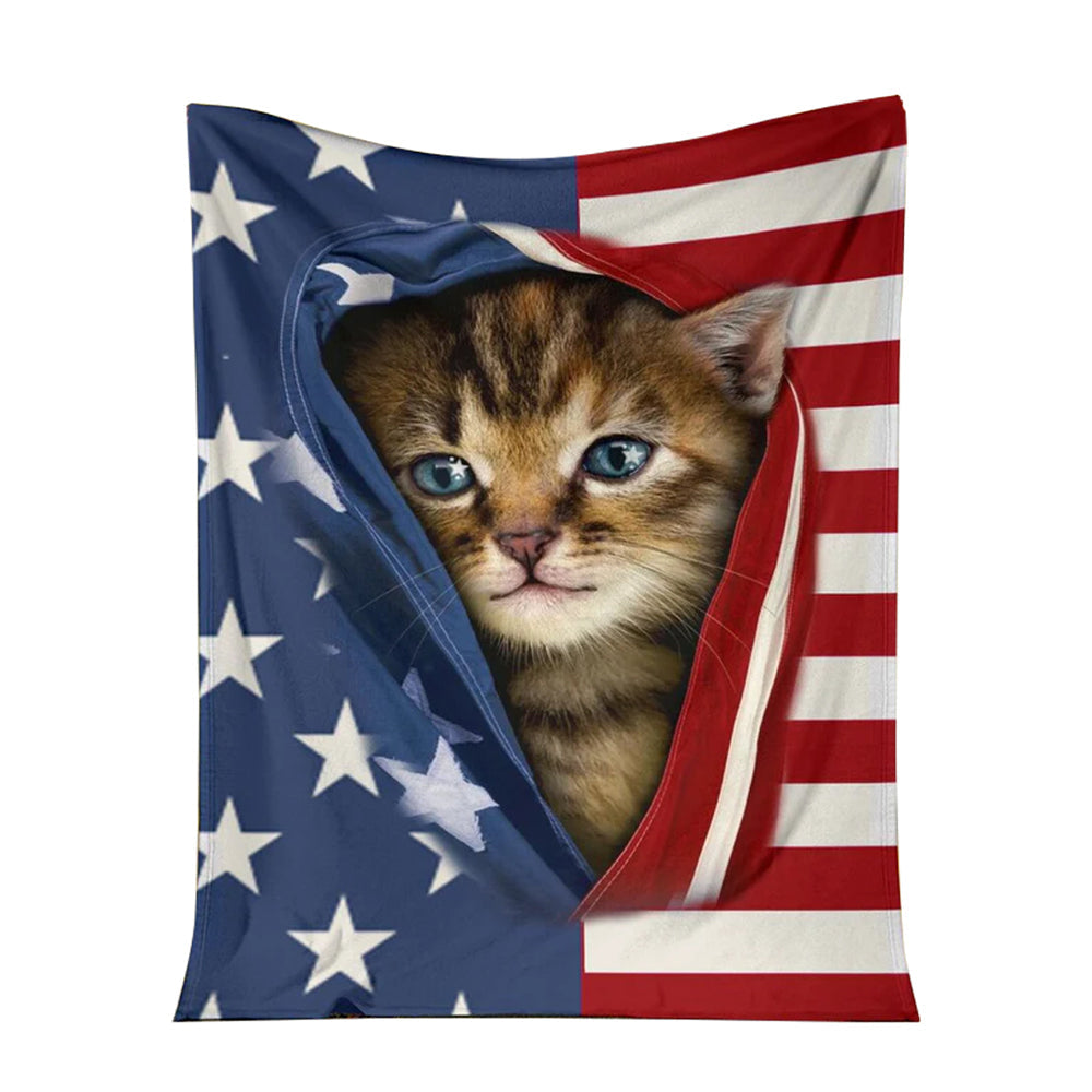 50" x 60" Cat Kitten Opened American Flag Independence Day Cat - Flannel Blanket - Owls Matrix LTD