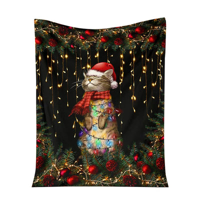 50" x 60" Cat Meowy Christmas Cat Black Style - Flannel Blanket - Owls Matrix LTD