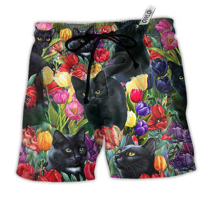 Beach Short / Adults / S Black Cat Love Flowers Colorfull - Beach Short - Owls Matrix LTD