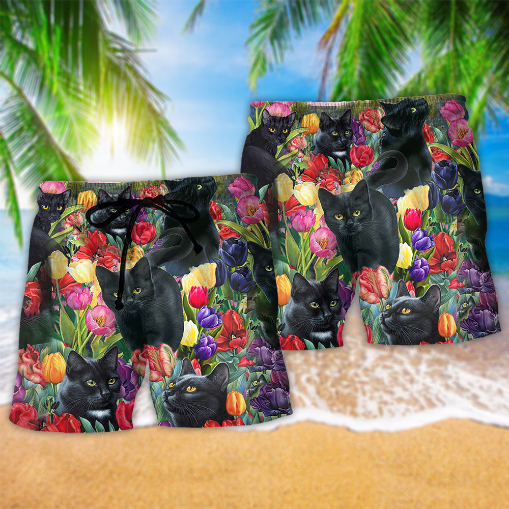 Black Cat Love Flowers Colorfull - Beach Short - Owls Matrix LTD