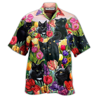 Hawaiian Shirt / Adults / S Black Cat Love Flowers Colorfull - Hawaiian Shirt - Owls Matrix LTD