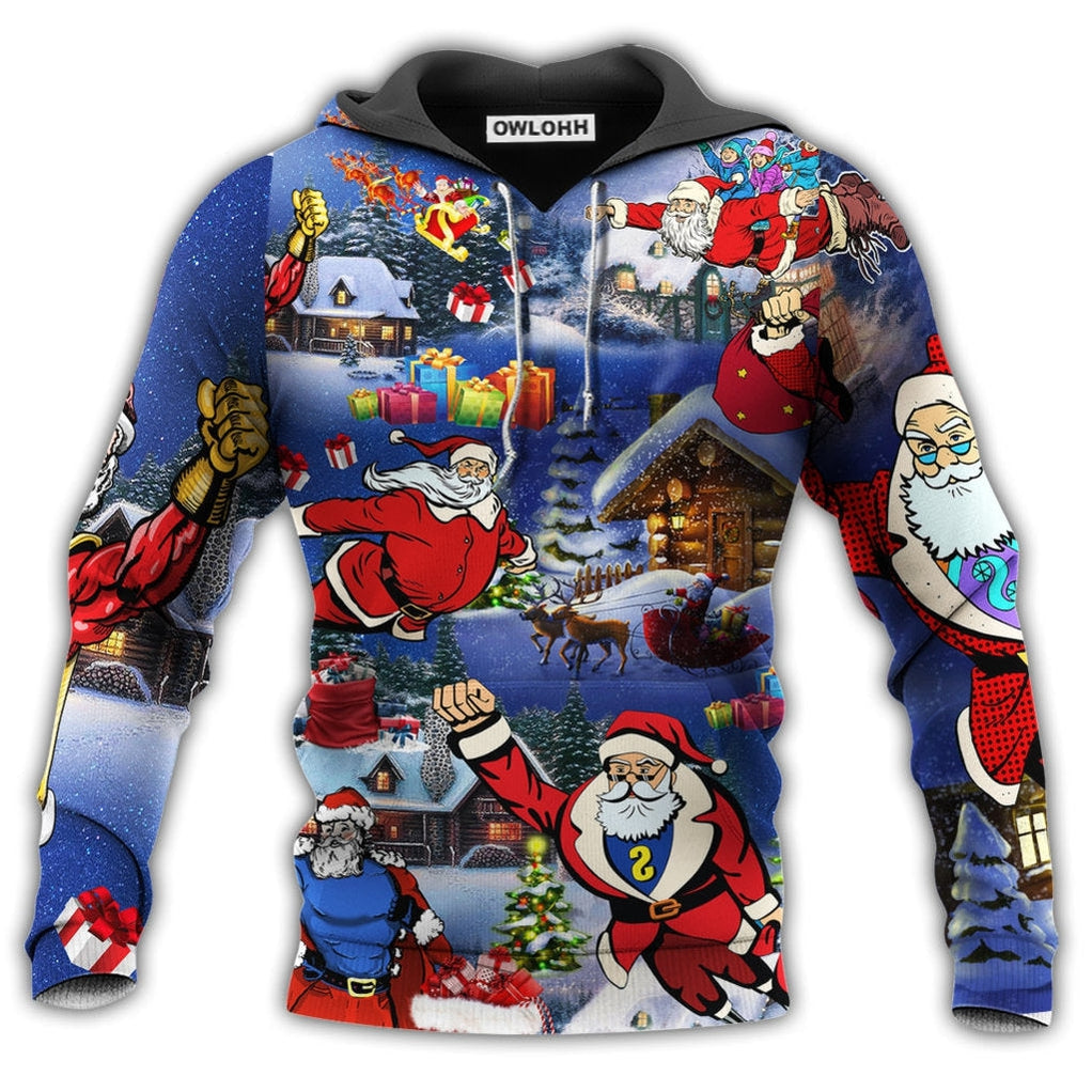 Christmas Flying Super Santa With Dark Blue Style - Hoodie - Owls Matrix LTD
