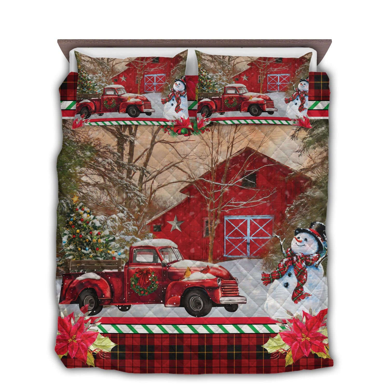 TWIN ( 50 x 60 INCH ) Christmas Truck Barn House - Quilt Set - Owls Matrix LTD