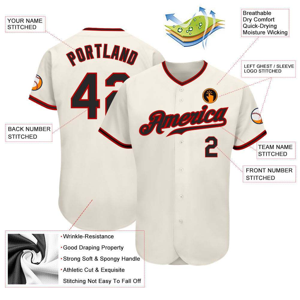 Custom Cream Black-Red Authentic Baseball Jersey - Owls Matrix LTD