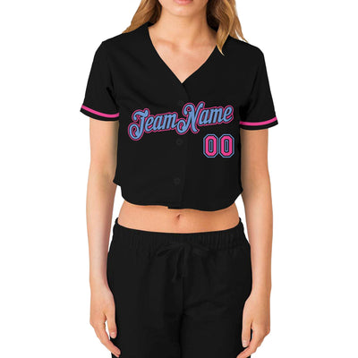 Custom Women's Black Pink-Light Blue V-Neck Cropped Baseball Jersey - Owls Matrix LTD